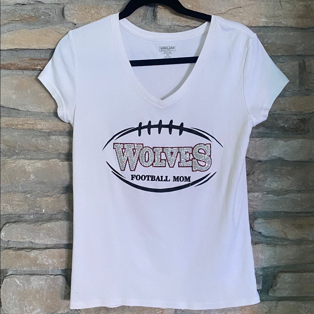 White Wolves Football Mom glittery and bling V-Neck T-Shirt. Medium